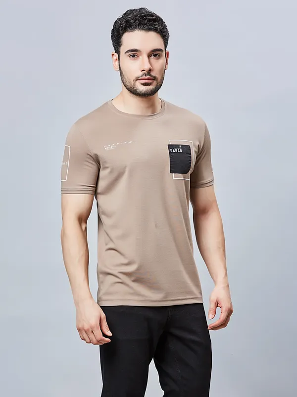RIVER BLUE printed peach cotton slim fit t-shirt