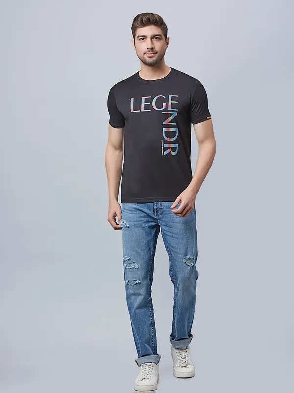 River Blue printed slim fit black t shirt
