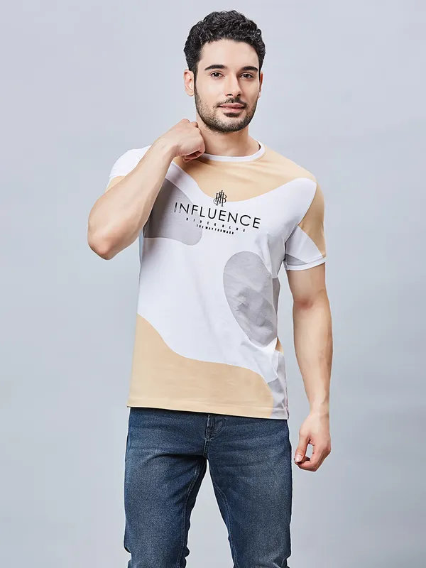 RIVER BLUE printed white casual cotton slim fit t-shirt