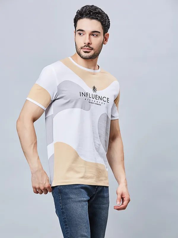 RIVER BLUE printed white casual cotton slim fit t-shirt