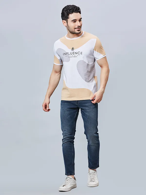 RIVER BLUE printed white casual cotton slim fit t-shirt