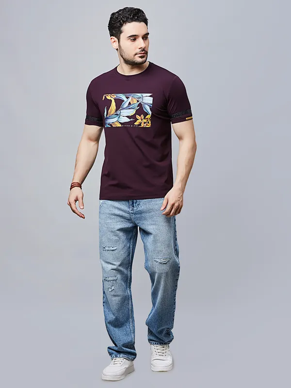 RIVER BLUE printed wine cotton t-shirt for men