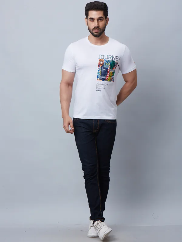 River Blue round neck white printed t shirt