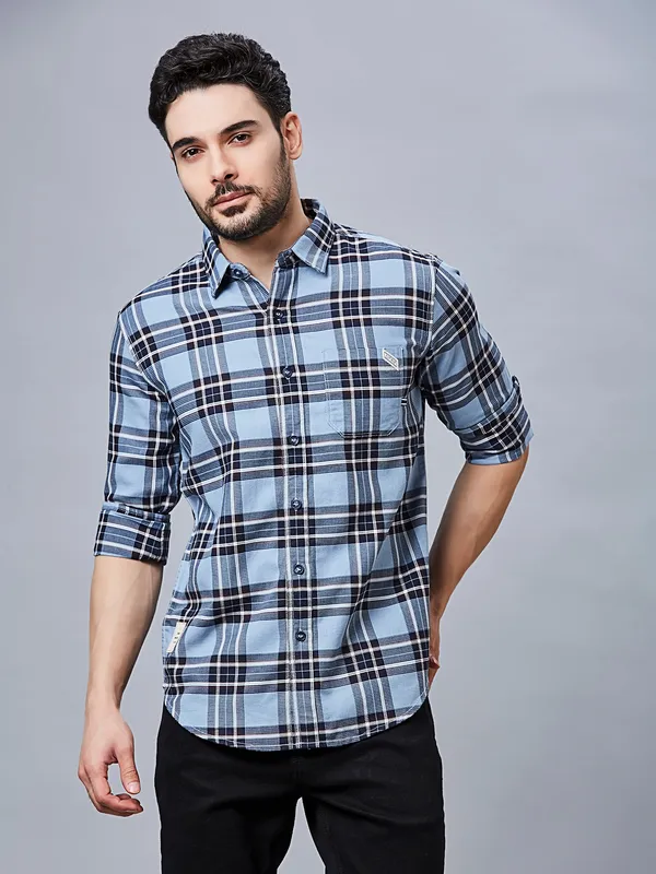 RIVER BLUE sky blue checks pattern cotton shirt