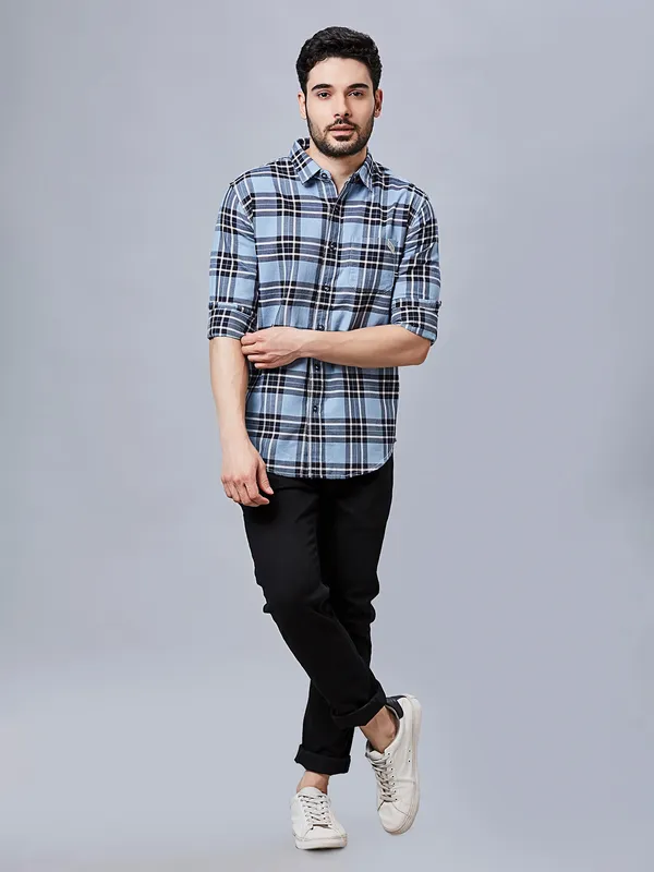 RIVER BLUE sky blue checks pattern cotton shirt