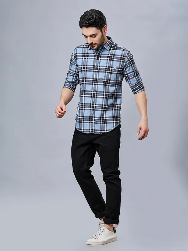 RIVER BLUE sky blue checks pattern cotton shirt