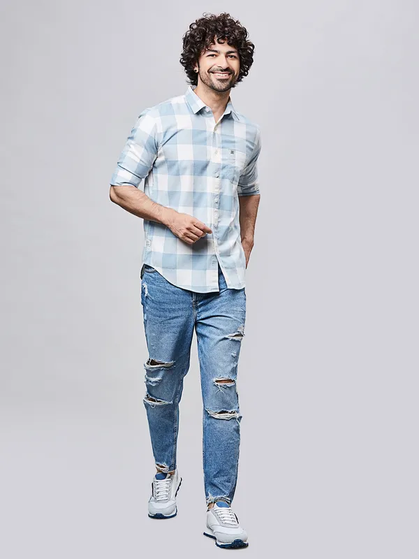 RIVER BLUE sky checkered casual cotton shirt