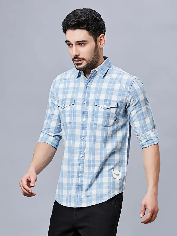 RIVER BLUE sky checkered cotton casual shirt