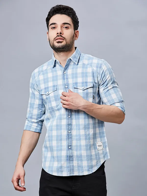 RIVER BLUE sky checkered cotton casual shirt