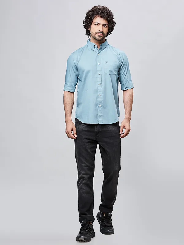 RIVER BLUE sky plain casual slim fit shirt