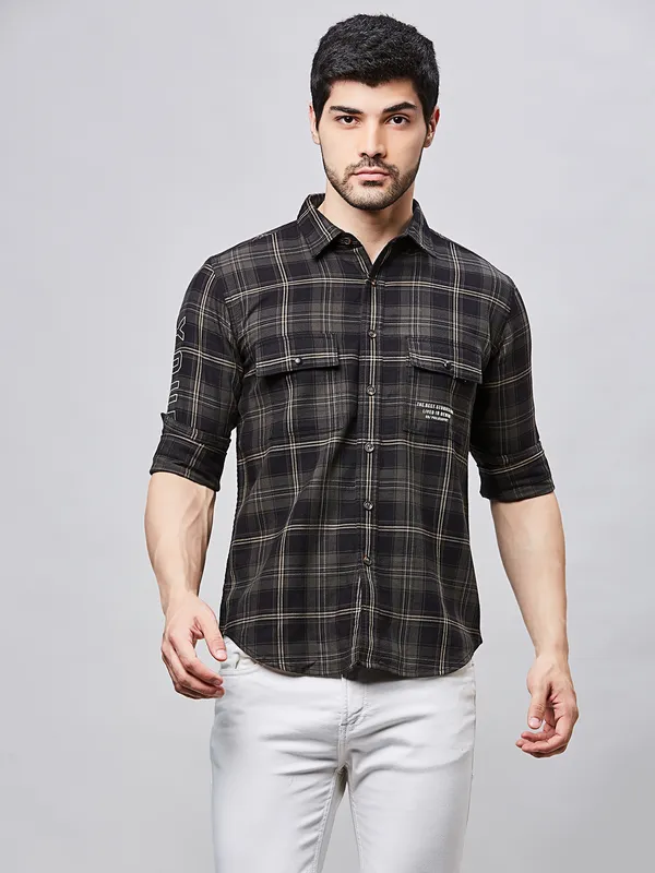 RIVER BLUE slim fit cotton shirt in dark olive for men