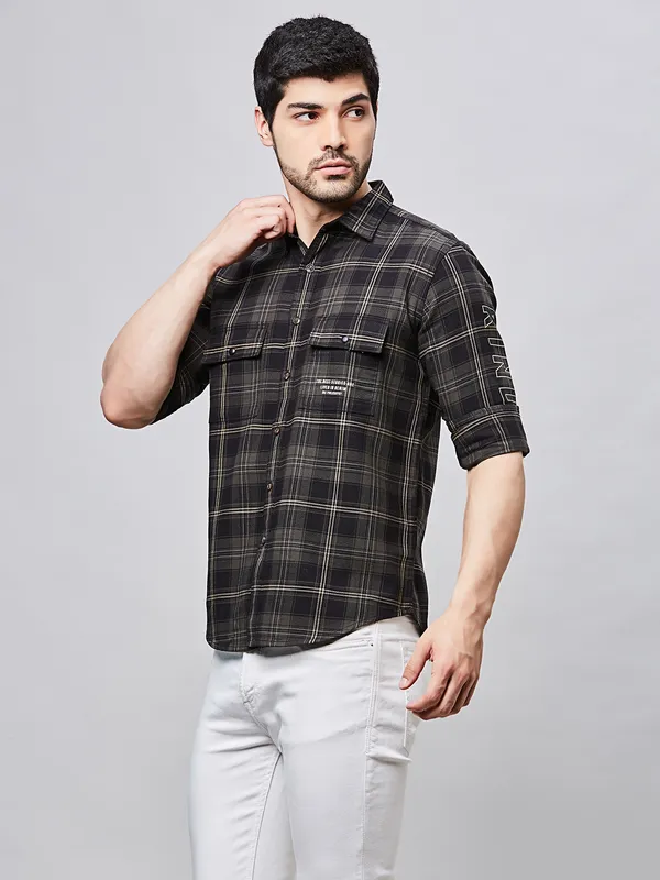 RIVER BLUE slim fit cotton shirt in dark olive for men
