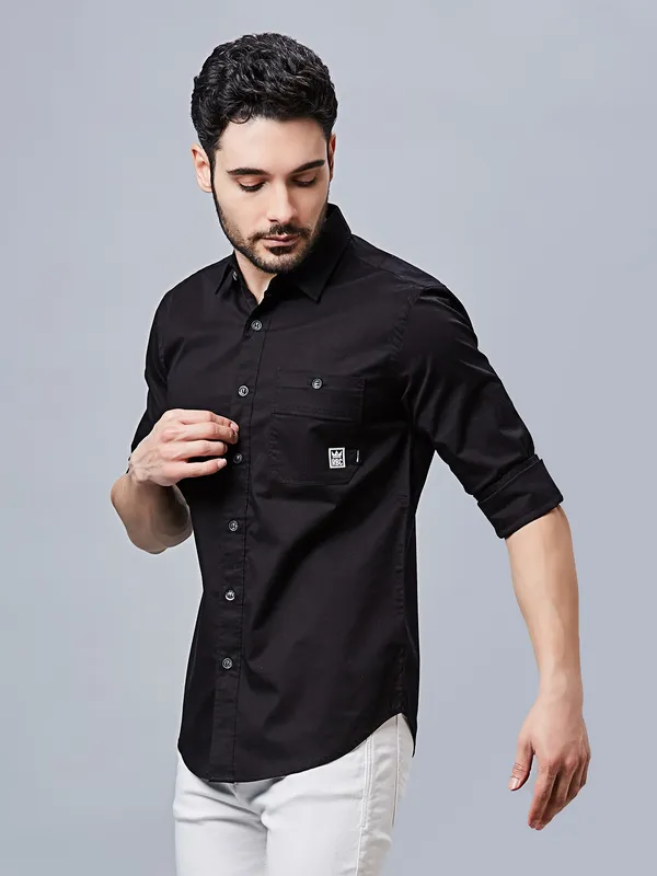 RIVER BLUE solid black cotton casual shirt
