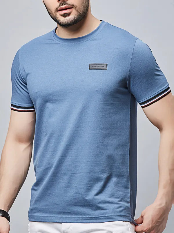 RIVER BLUE solid blue slim fit cotton t-shirt