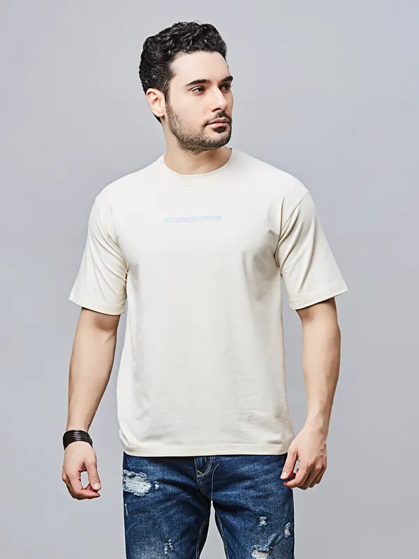 RIVER BLUE solid cream cotton oversized t-shirt