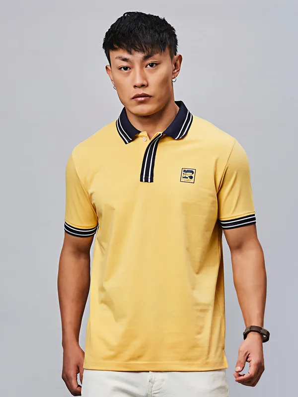 RIVER BLUE solid mango yellow slim fit polo t-shirt