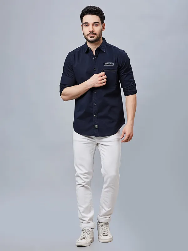 RIVER BLUE solid navy casual cotton shirt