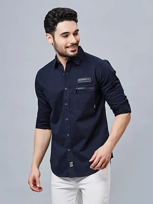 RIVER BLUE solid navy casual cotton shirt