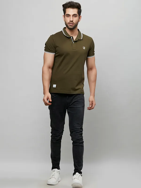 River Blue solid olive slim fit cotton polo t-shirt