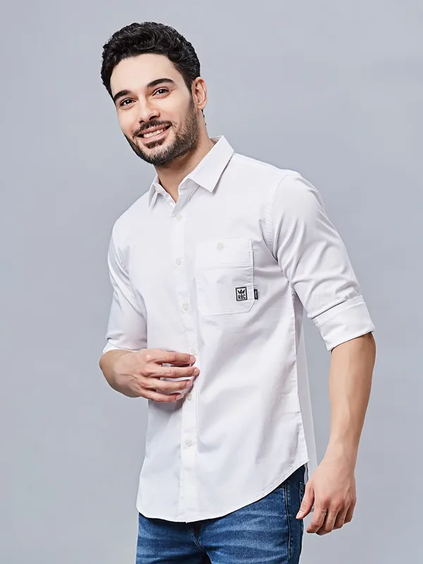 RIVER BLUE solid white slim fit casual shirt