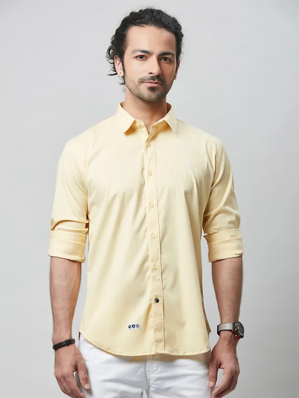 River Blue solid yellow cotton casual wear for mens shirt
