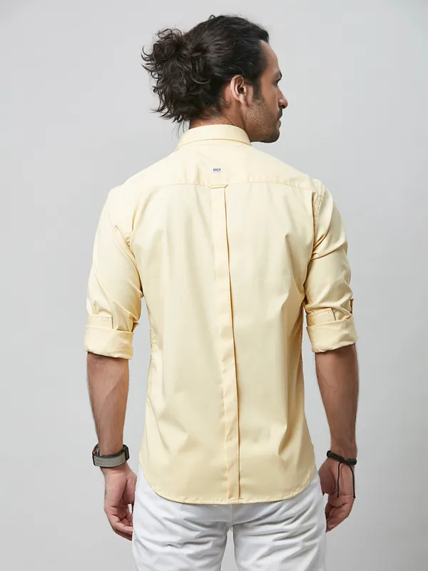 River Blue solid yellow cotton casual wear for mens shirt