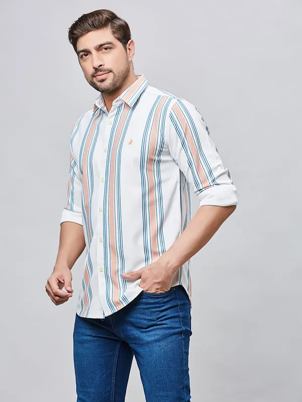 RIVER BLUE Stripe cotton white shirt for men