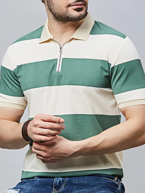 RIVER BLUE stripe green cotton t-shirt