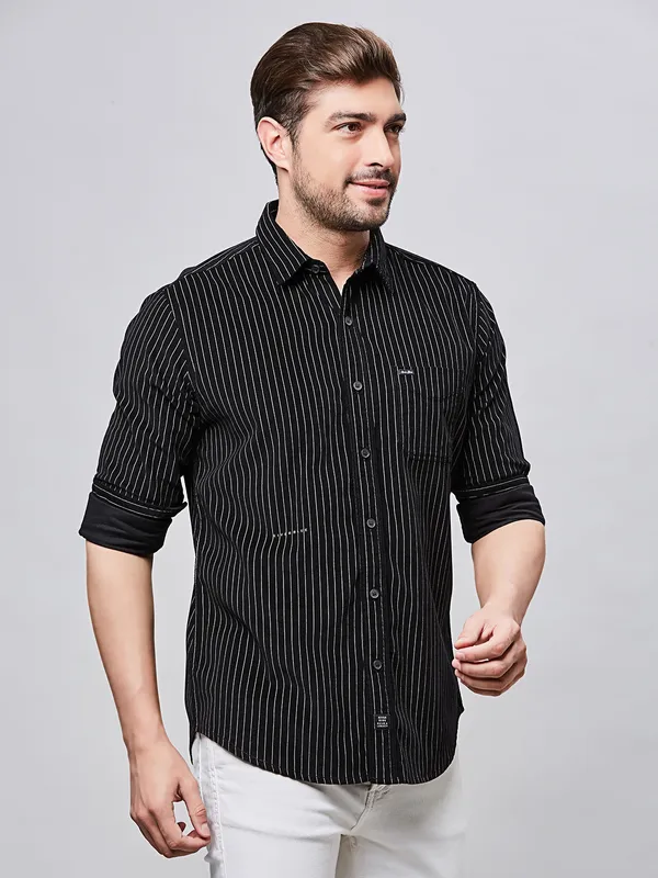 RIVER BLUE striped black slim fit casual cotton shirt