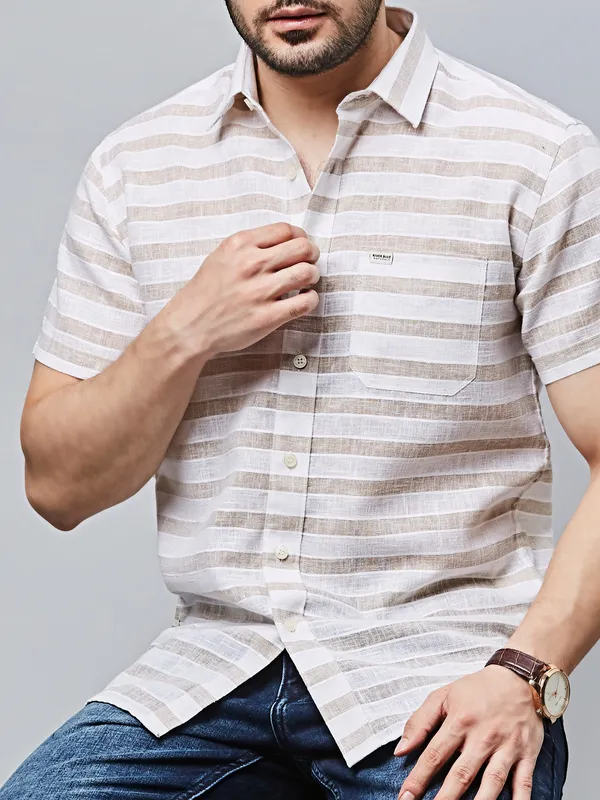 RIVER BLUE striped fawn cotton casual wear shirt