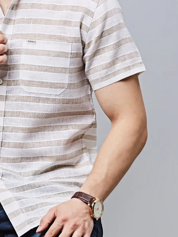 RIVER BLUE striped fawn cotton casual wear shirt