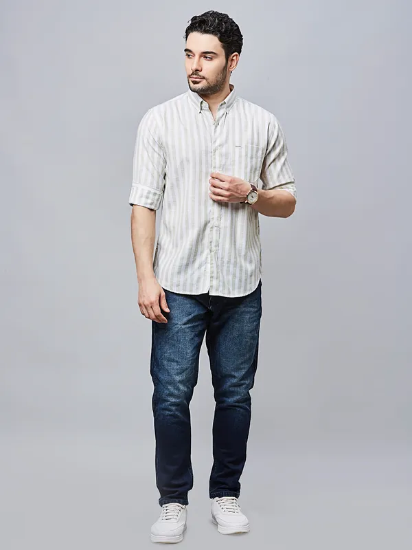 RIVER BLUE striped green cotton casual wear shirt