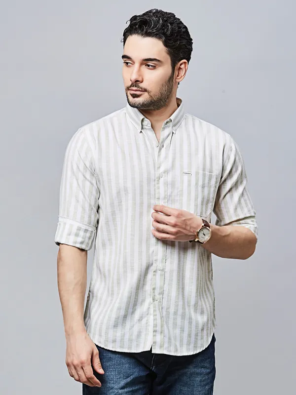 RIVER BLUE striped green cotton casual wear shirt