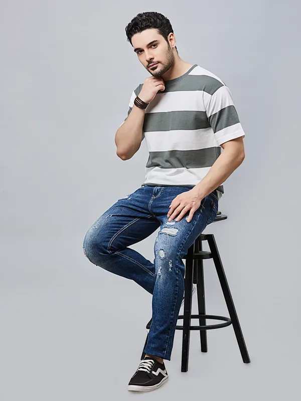 RIVER BLUE striped green slim fit mens t-shirt