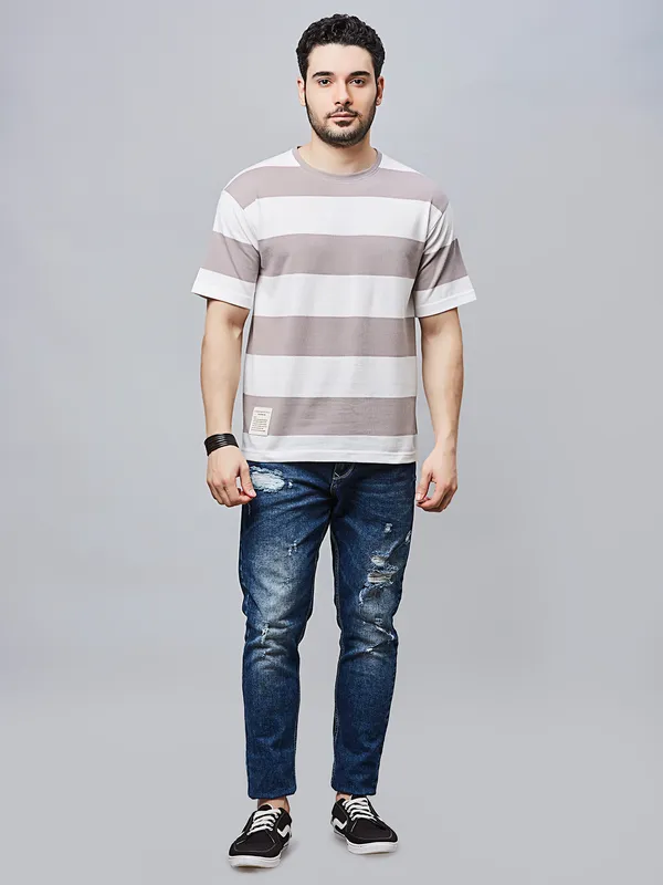 RIVER BLUE striped grey cotton t-shirt for men