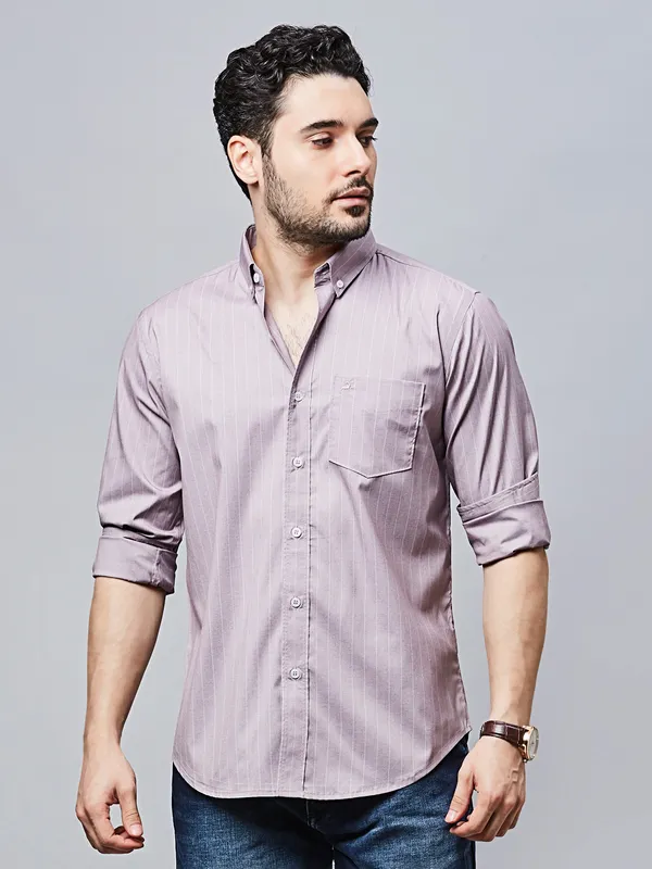 RIVER BLUE striped khaki cotton casual wear shirt