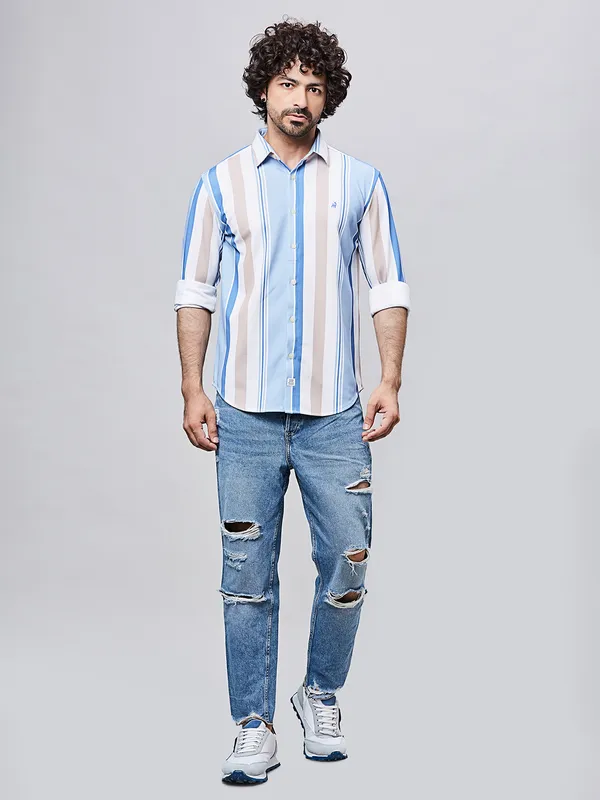 RIVER BLUE striped light bluecotton shirt for men