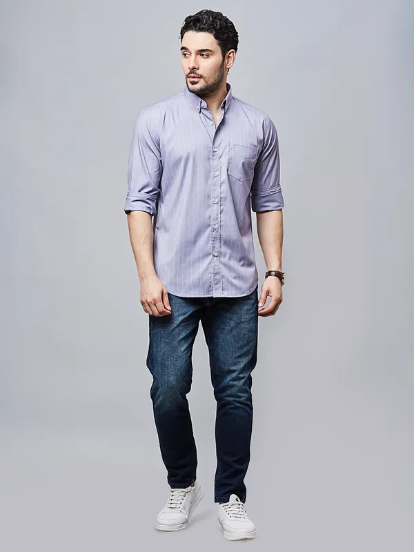 RIVER BLUE striped lilac cotton casual wear shirt
