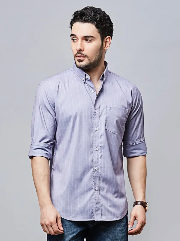 RIVER BLUE striped lilac cotton casual wear shirt