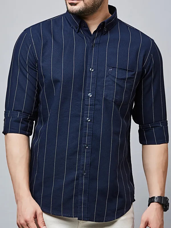 RIVER BLUE striped navy casual wear mens shirt