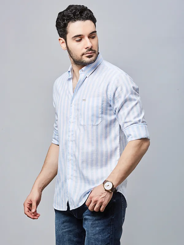 RIVER BLUE striped sky blue cotton casual wear shirt