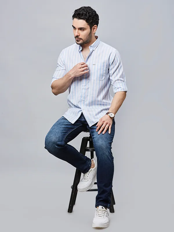 RIVER BLUE striped sky blue cotton casual wear shirt