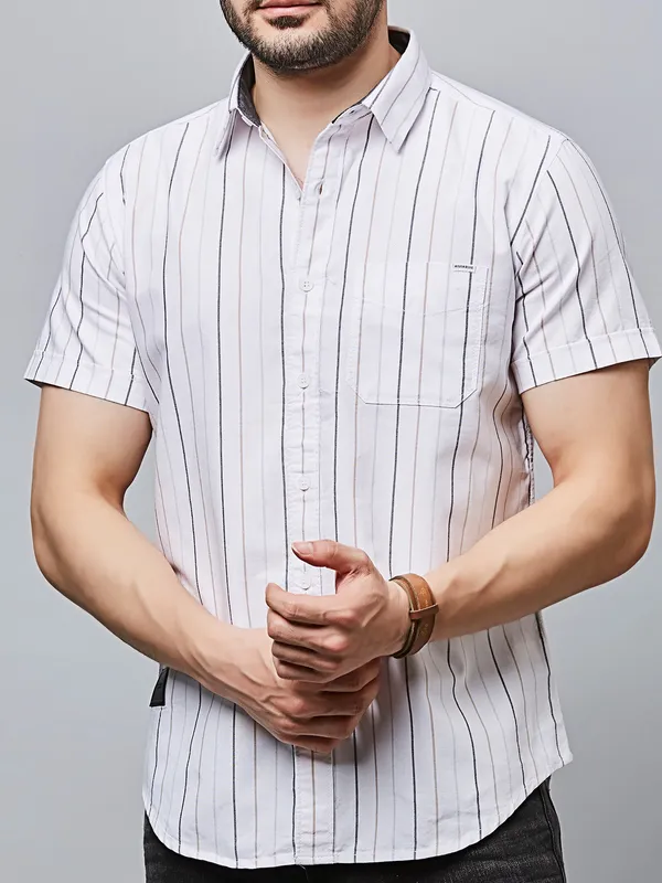 RIVER BLUE striped white cotton casual wear shirt