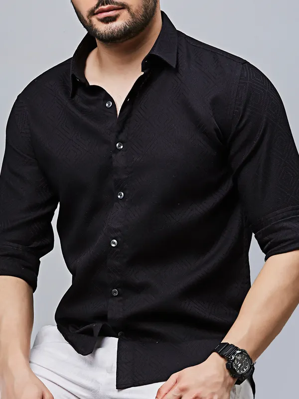 RIVER BLUE textured black cotton casual wear shirt