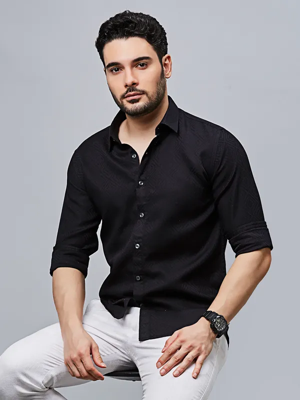 RIVER BLUE textured black cotton casual wear shirt