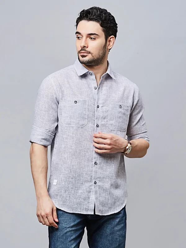 RIVER BLUE textured grey cotton casual shirt for men