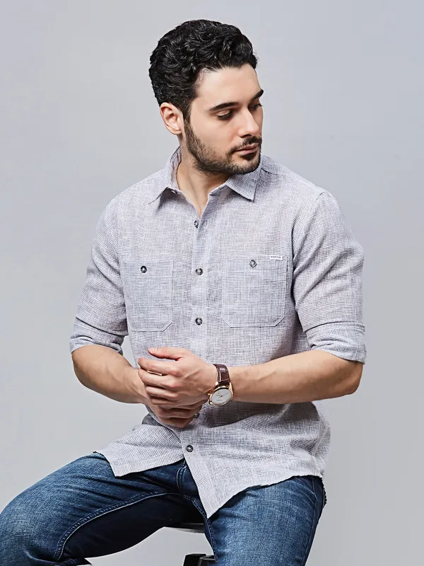 RIVER BLUE textured grey cotton casual shirt for men