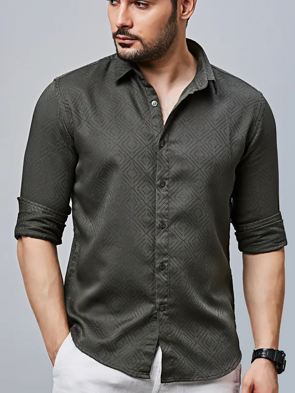 RIVER BLUE textured grey cotton casual wear shirt