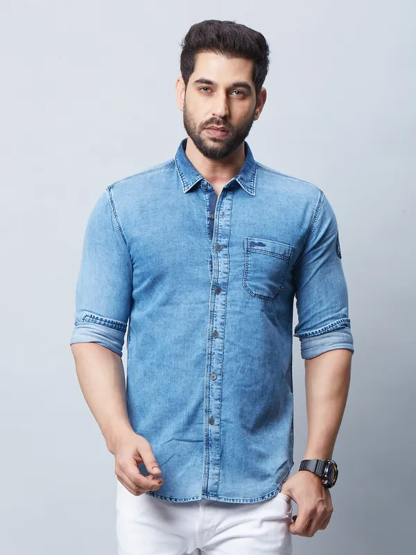 River blue washed denim dark blue shirt