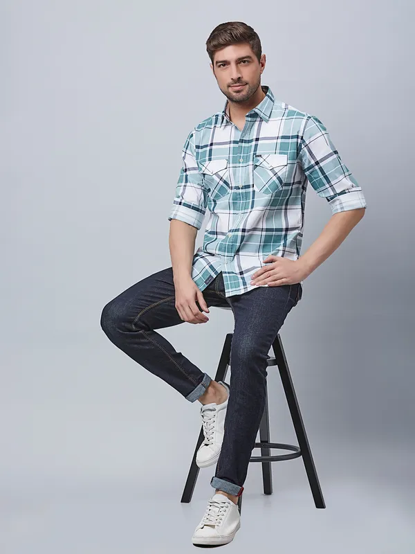 River Blue white and green checks shirt